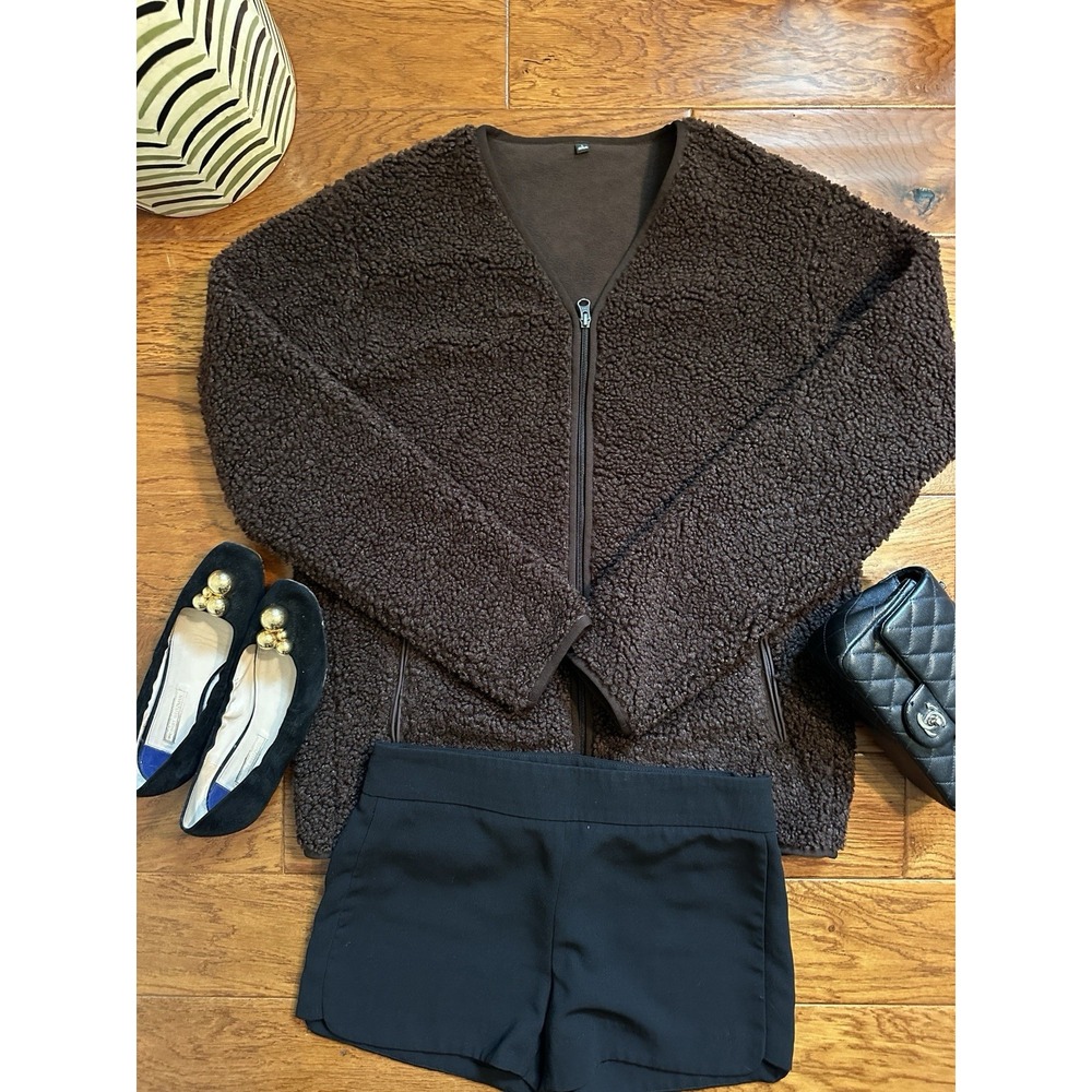 Uniqlo Womens Dark Brown Fleece V-Neck Cardigan Jacket Size L 419753 Teddy